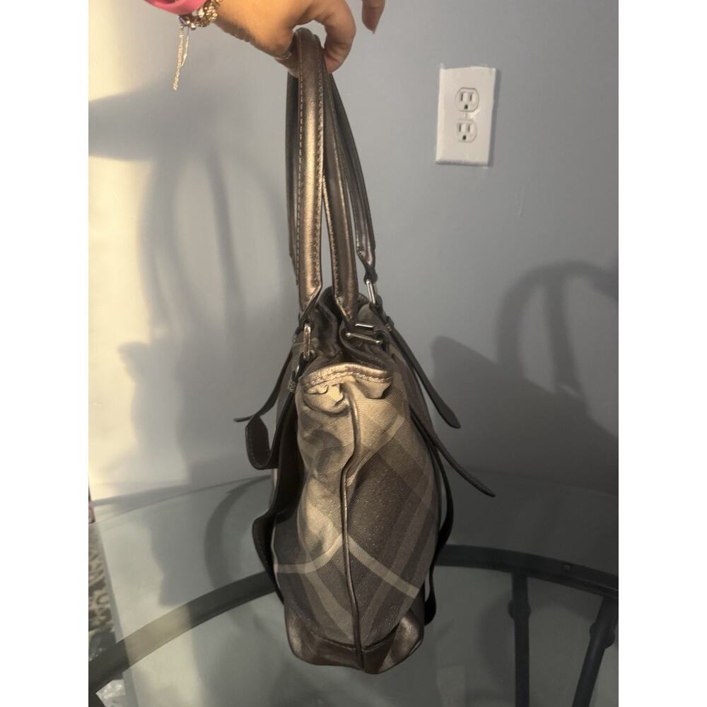 Burberry Shimmer Check Gray Canvas Leather Handle Shoulder Bag Authentic - Picture 5 of 13